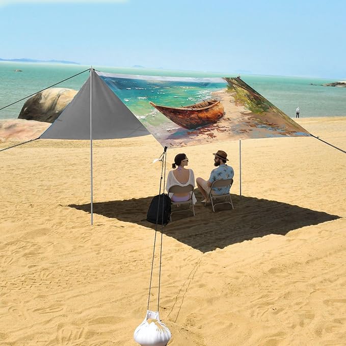 Boat on The Shore Beach Tent Sun Shelter 9.2' x 10.5' Beach Canopy with 4 Sandbags 4 Stability Poles Sand Shovels - Tent Canopy for Beach Camping Fishing Picnics