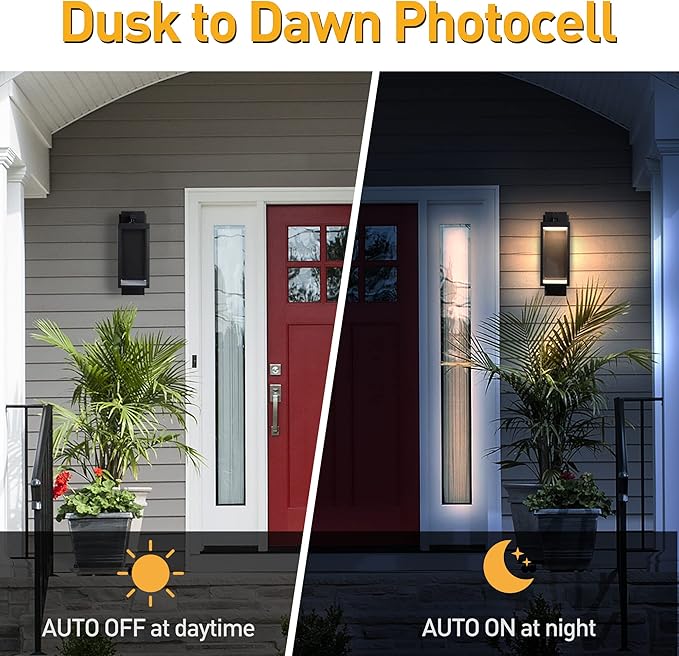 Dusk to Dawn Outdoor Wall Porch Light 800Lm Modern Sconce 3000K LED Matte Black Exterior Fixtures Mounted Patio Lamps Waterproof for Garage Walkway Backyard Garden