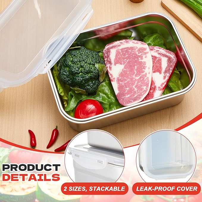 2pcs Large Stainless Steel Marinating Containers with Lids Food Storage Containers for Refrigerator Leak-proof &amp Stackable for Meal PrepTurkey Meat Bacon(284oz/8.4l + 203oz/6l)