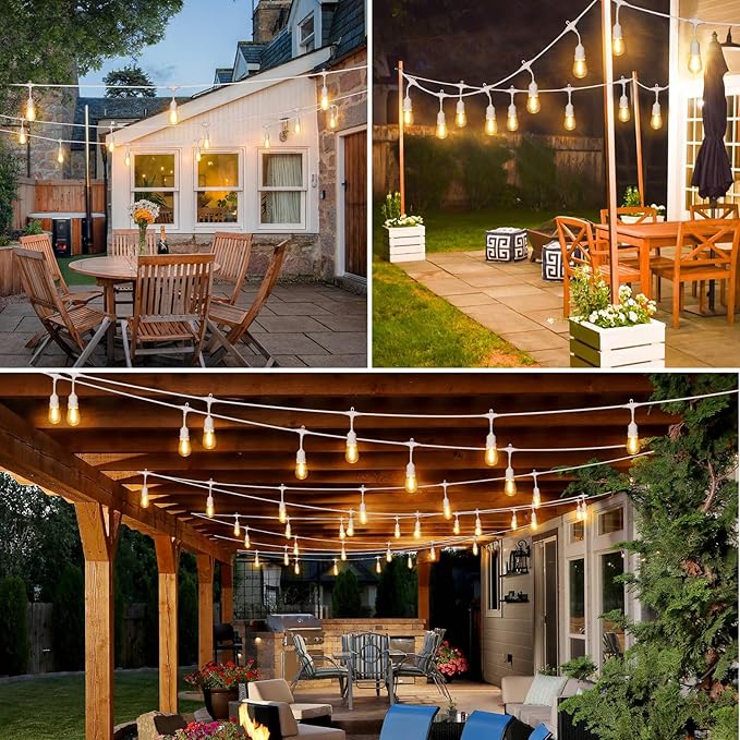 96FT(2 * 48FT) Outdoor String Lights with Remote Dimmable Patio Lights with 30+4 3 Modes 4 Timers LED Bulbs for Deck Gazebo White 2 Pack