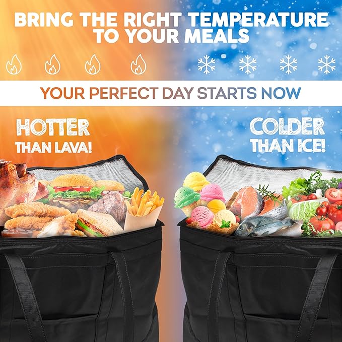 Black Insulated Food Delivery Bag. Insulated Grocery Bags with Zippered Top. Foldable Catering Bag for Food Deliveries. Heavy Duty Cold Bags for Groceries