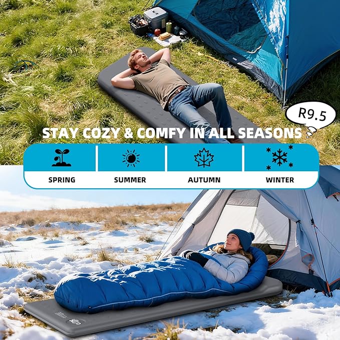 KASIMO Memory Sleeping Pad for Camping 3 Compact Ultra-Thick Foam Sleeping Mats with Pillow 9.5 R-Value Insulated Camping Mattress Pad or Car Travel Backpacking TentHome