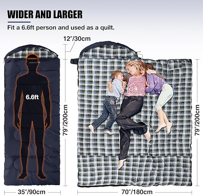 REDCAMP Flannel Sleeping Bag for Adults Comfortable Cotton Sleeping Bags for Camping with Detachable Hood Red/Grey/Blue/Black