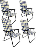 Lawn Chair Folding Steel Webbing Chaise Patio Lounger Seat Wood Handles Great for Camping Beach Fishing Backyard Stadium Pool Boating and Sports 4 Pack Blue/Yellow