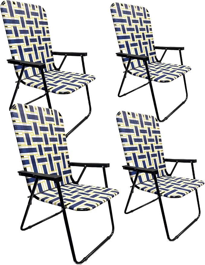 Lawn Chair Folding Steel Webbing Chaise Patio Lounger Seat Wood Handles Great for Camping Beach Fishing Backyard Stadium Pool Boating and Sports 4 Pack Blue/Yellow