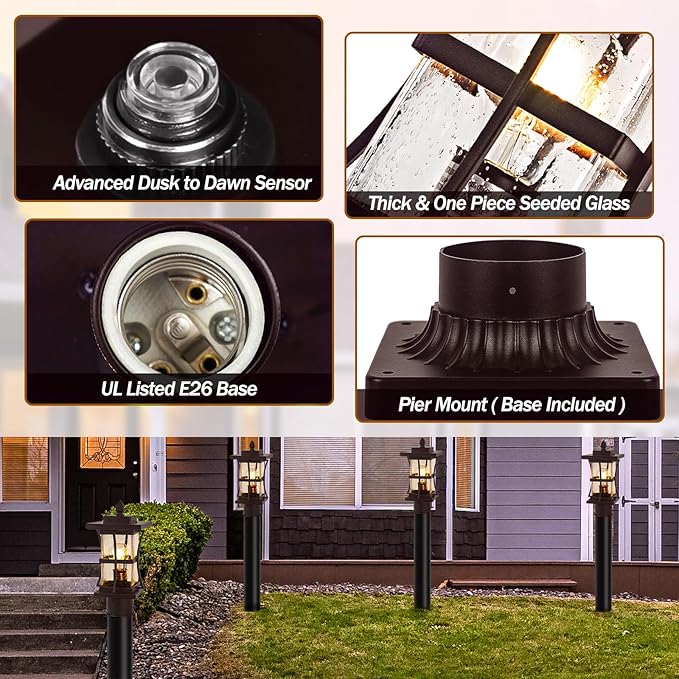 Dusk to Dawn Bronze Outdoor Post Light Fixtures with Pier Mount Base 2 Packs Outdoor Pole Lighting Waterproof Pillar Lantern Farmhouse Outside Column with Seeded Glass for Pathway Garden Patio