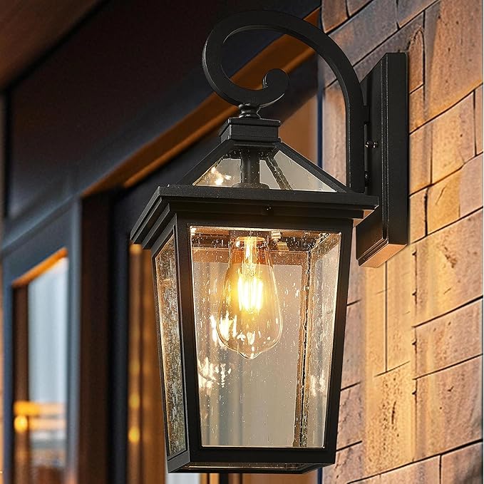zeyu 18 Inch Outside Light Fixture Exterior Wall Lighting Fixture for House Porch Die-Cast Aluminum with Seeded Glass Black Finish ZX58MB BK