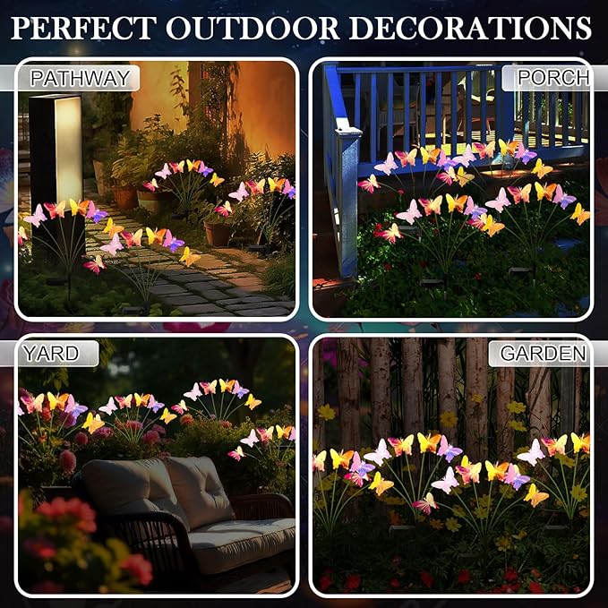 4 Pack Solar Butterfly Lights Outdoor Garden 6 Head Solar Swaying Pathway Stake Lights Waterproof for Yard Lawn Patio Walkway Landscape Decor