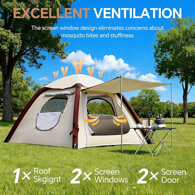 Automatic Inflatable Tent with Air Pump Family Tents for Camping Windproof Waterproof 3 Person Tent Easy Set Up in 2-3 Min Camping Essentials for Backyard Outdoor