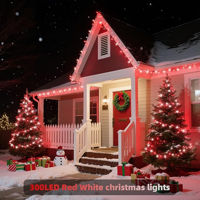 XTF2015 Christmas String Lights 105ft 300 LED Christmas Lights 8 Modes Memory Function &amp Timer- UL Certified - Outdoor Indoor Christma s Fairy Lights for Tree Garden Party Wedding(Red + White)