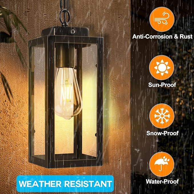 Outdoor Pendant Light Dusk to Dawn 11'' Porch lights Outdoor Chandelier Hanging Ceiling Lights Black Aluminum Lightshade with Tempered Glass Exterior Lighting Fixture for Porch Yard Gazebo 1 Pack