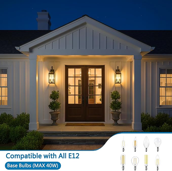 20 Dusk to Dawn Outdoor Wall Light with Sensor - Waterproof Exterior Wall Sconce for Porch Patio Garage Front Door Balcony Entry Modern Hardwired Lantern in Black Metal &amp Glass 2 Light - 2 P