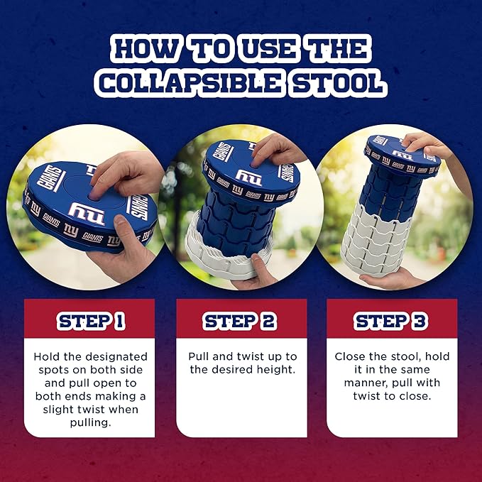 Sporticulture NFL New York Giants Telescoping Collapsible Stool 500lbs Max Weight Portable Adjustable Height Folding Camping Stool with Carry Strap Retractable Stadium Have A Seat Outdoor Sports Fan