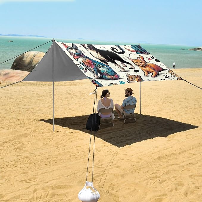 Cat Breed Kitten Graffiti Dog Paw Camping Sun Shelter Beach Tent Portable Beach Sun Shade Outdoor Canopy for Camping Trips Fishing Picnic