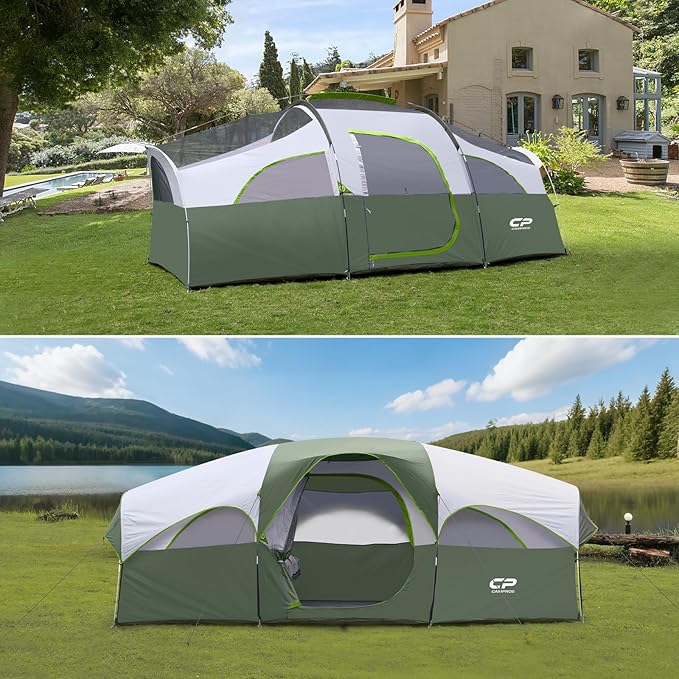 CAMPROS CP Tent 8 Person Camping Tents Weather Resistant Family Tent 5 Large Mesh Windows Double Layer Divided Curtain for Separated Room Portable with Carry Bag