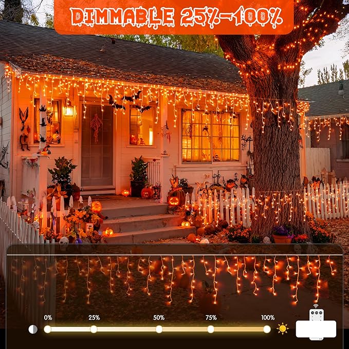 JMEXSUSS Orange Thanksgiving Lights Outdoor 38.8 FT 400 LED Orange Icicle Lights Outdoor Waterproof 8 Modes String Light Plug in for Fireplace Tree Garden Patio Thanksgiving Fall Halloween Decor