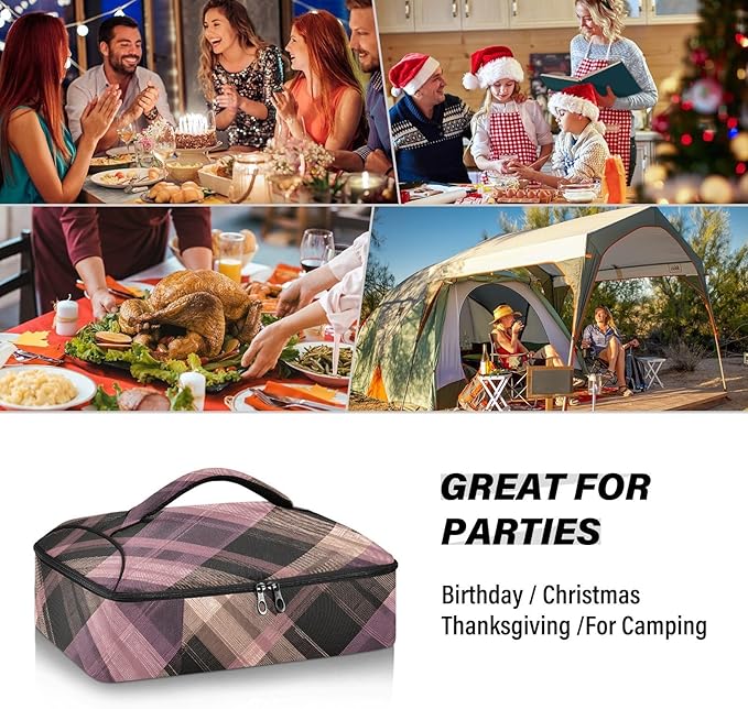 Casserole Carrier Pattern Purple Brown Tartan Plaid Insulated Casserole Carrier for Hot or Cold Food Thermal Lunch Tote for Parties Picnic Travel Carry Bag