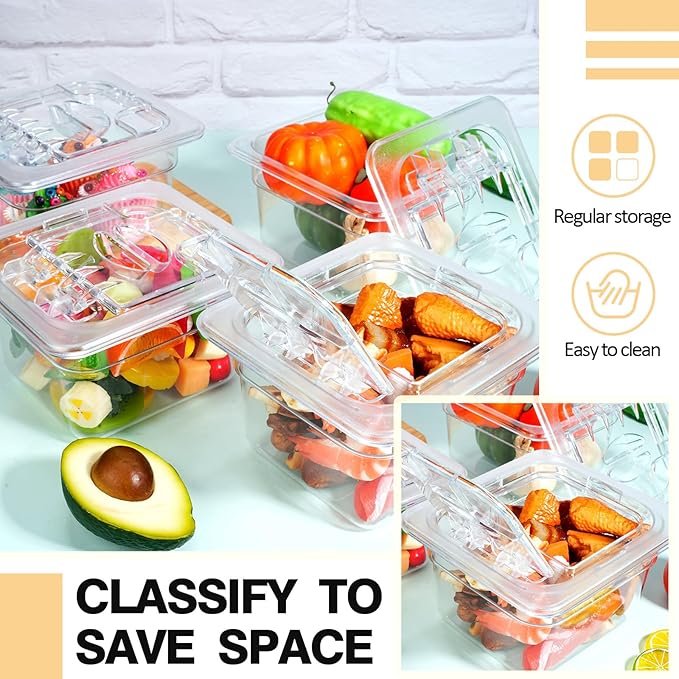 Geetery 12 Packs 4'' Deep Polycarbonate Food Pan with Lid 1/6 Size Stackable Plastic Pan Restaurant Food Storage Containers with Hinged Lids for Hotel Supplies (Clear)