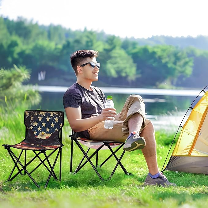 4th of July Independence Day Brown Bird Collapsible Camp Chairs for Adults Heavy Duty Lightweight Packable Chair with Carrying Bag Ice Fishing Chair with Back for Lawn Ice Fishing