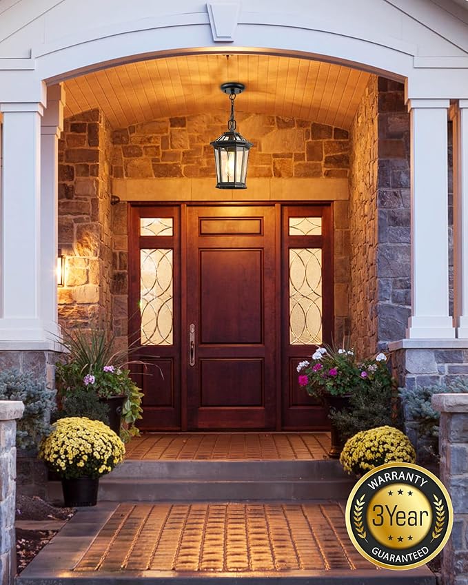 VIANIS Outdoor Pendant Light Fixtures for Porch Exterior Ceiling Hanging Lanterns Anti-Rust Waterproof Farmhouse Outdoor Chandelier Black Gold Aluminum with Tempered Glass for Entryway 1 Pack