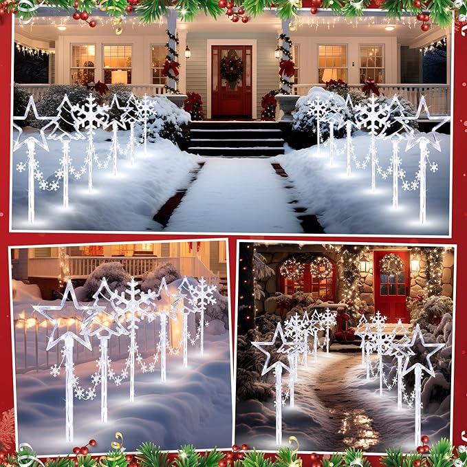 12 Pack Outdoor Snowflake Walkway Lights Plug in Christmas Pathway Lights 8 Modes Xmas Waterproof LED Garden Stake Light for Walkway Porch Yard Lawn (Cool White)