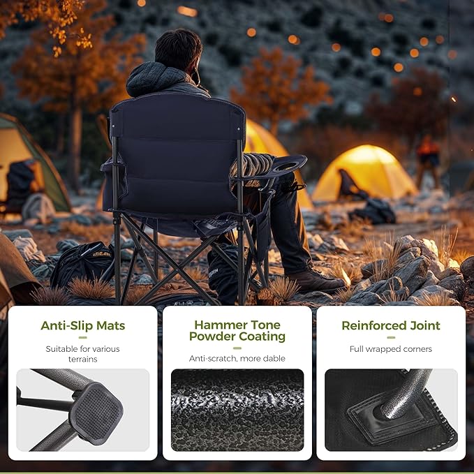 ALPHA CAMP Heavy Duty Camping Chair 500LBS Capacity Oversized Folding Chair for Heavy People Padded Portable Outdoor Chair with Cooler Bag &amp Cup Holder for Camping Fishing Beach