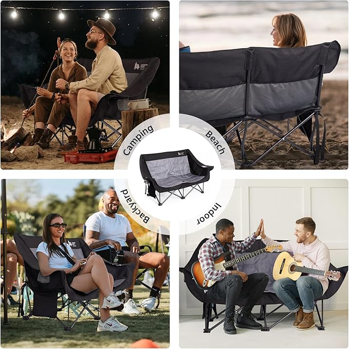 LAUSAINT HOME Double Camping Chair Oversized Camping Loveseat with Cup Holder Heavy Duty Portable Camping Couch Outdoor Double Folding Chair for Patio Lawn and Garden Black