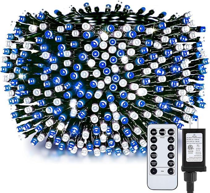 Minetom 328 Ft 1000 LED Christmas Tree Lights Outdoor Indoor String Lights with 8 Modes Waterproof Twinkle Xmas Light with Remote Plug in Rice Lights for Tree Christmas Decorations Blue &amp Cool W