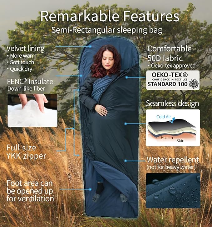 Litume Compact Velvet Lined Sleeping Bag Lightweight Three Season Sleeping Bag Water Repelling Sack for Warm and Cold Weather Comfortable Backpacking Hiking Camping Traveling