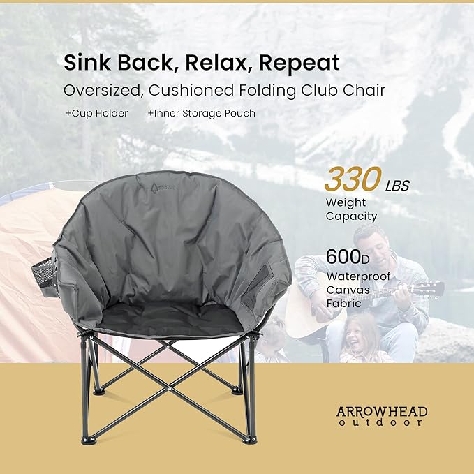 ARROWHEAD OUTDOOR Oversized Heavy-Duty Club Folding Camping Chair with Pocket Cup Holder Portable Padded Moon Round Saucer Supports 330lbs Carrying Bag