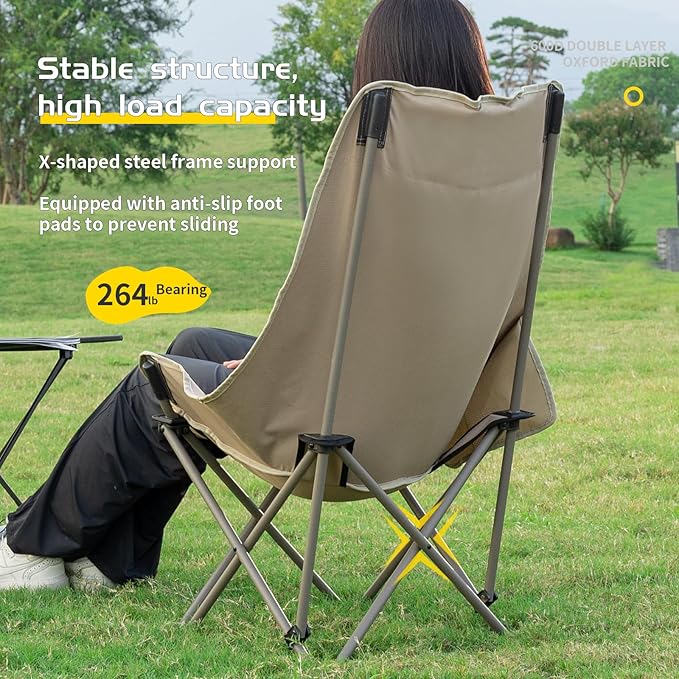 Whitsunday Camping ChairCompact Backpacking Outdoor ChairHigh Back Portable Folding Moon Chair for Heavy PeopleBeach Chair with Side Pocket-Green
