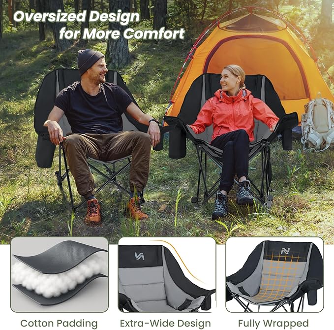 ABORON Oversized Rocking Camping Chair for Adults Fully Padded Folding Outdoor Lawn Chair with Cooler Bag &amp Side Pocket Portable Recliner Chair for Camp Patio Backyard Supports 400 lbs