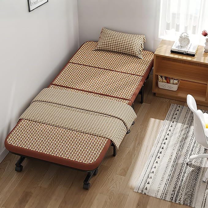 Folding Bed Single Camping Bed Space Saving Rattan Woven Mattress Fabric 360° Noise Reduction Universal Wheels 60/70/80/90x190CM Load Capacity 240KG(60cm)