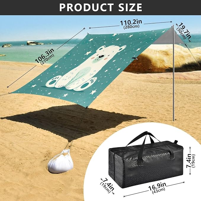Cute White Bear Beach Tent Sun Shelter 9.2' x 10.5' Beach Canopy with 4 Sandbags 4 Stability Poles Sand Shovels - Tent Canopy for Beach Camping Fishing Picnics