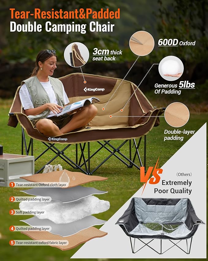 KingCamp Double Camping Chair Oversized 660lbs Heavy Duty Loveseat for Adults Portable Folding XL 2 Person Couch Padded Comfortable Two Seat with Cup Holder for Outdoor Lawn Backyard Khaki/Coffee