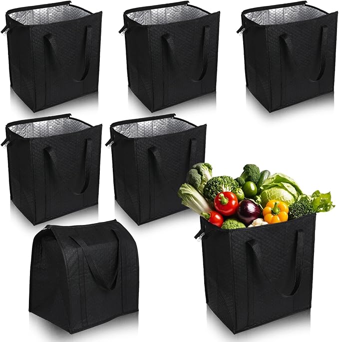 6 Pcs Insulated Shopping Bags For Groceries Large Reusable Cooler Bags Thermal Totes With Zippered Top For Hot Cold Food Delivery Refrigerator Pizza(Black)