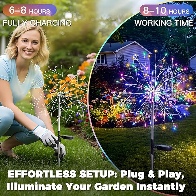 suddus Solar Garden Lights Outdoor Waterproof Upgrade 2 Pack 150LED Solar Firework Lights 8 Modes Starburst Fairy Light for Front Yard Driveway Bushes Patio Christmas Decor (Multicolor)