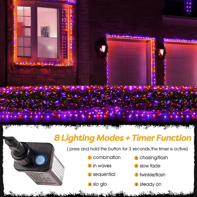 BlcTec Halloween Lights Outdoor 360 LED 9.8ft x 6.6 Orange Purple Halloween Mesh Lights with 8 Modes Timer Connectable Waterproof and Green Wire Design for Lawn Bushes Outdoor Holiday Decorations