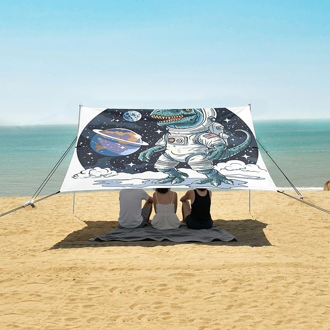 ALAZA Astronaut Dinosaur Dino Space Beach Tent Sun Shelter UPF50+ Protection Beach Shade Canopy w/ 4 Sandbags for Outdoor Camping Fishing Backyard Fun Picnic 10x9 ft