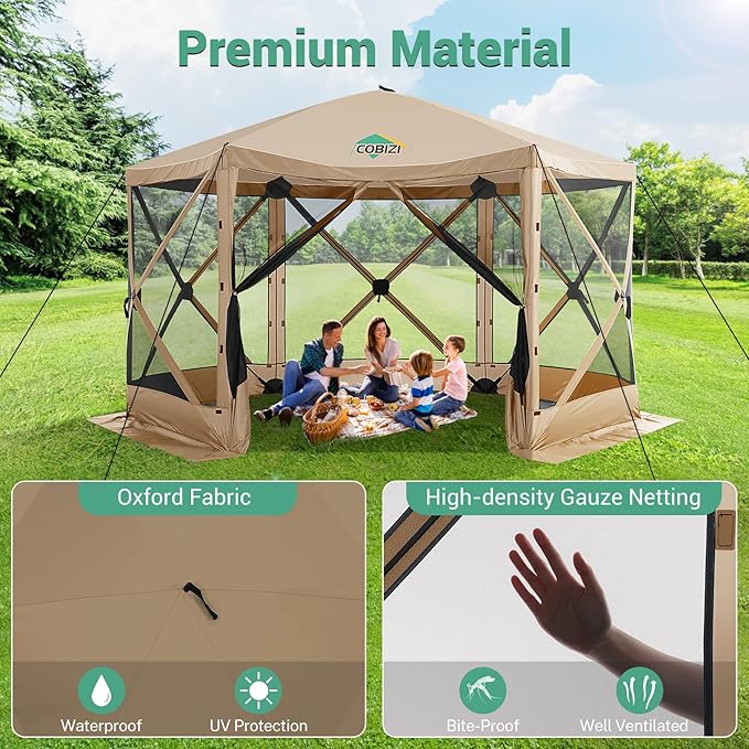 COBIZI 12x12 pop up Gazebo on Clearance Screen Tent for Camping Camping Outdoor Screened Gazebo &amp Canopy TentPortable Hub with Carrying Bag and Ground Stakes Khaki(Upgraded 2.0)