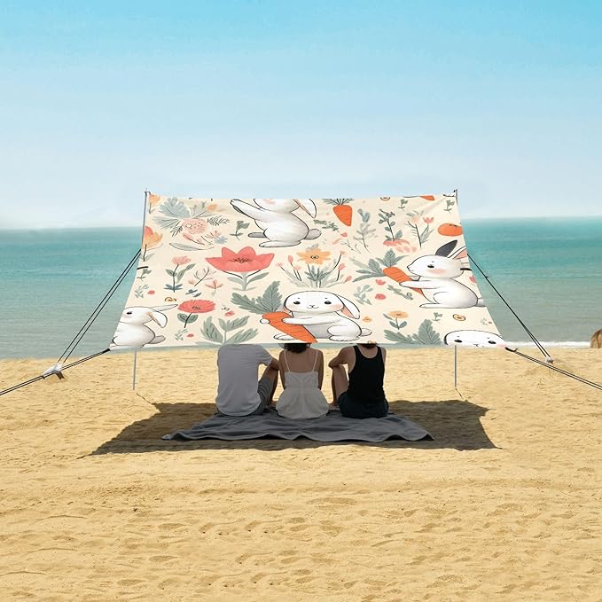 Rabbit Animal Cartoon with Carrot Flower Camping Sun Shelter Beach Tent Portable Beach Sun Shade Outdoor Canopy for Camping Trips Fishing Picnic
