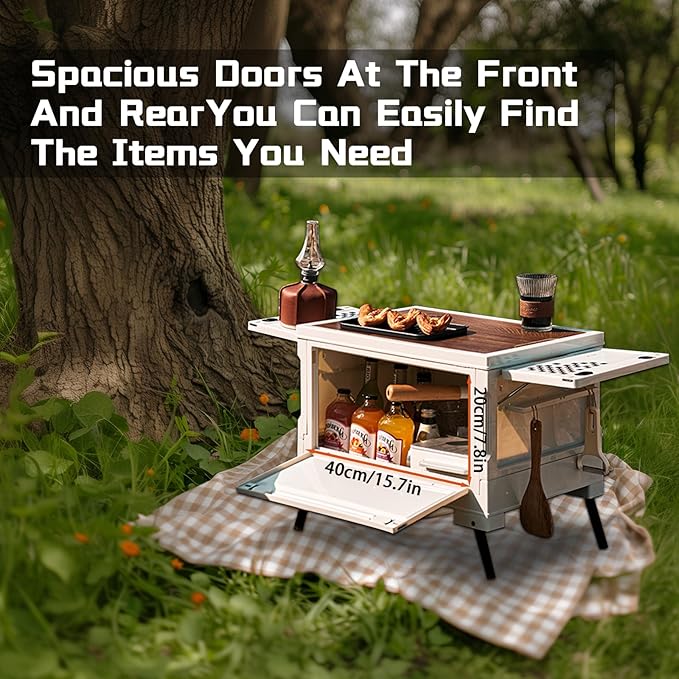 Folding Camping Storage Box with Wooden Table Board Multi-functional Collapsible Camp Kitchen Box 56L Storage Bin for Trunk Organizer for Outdoor Picnic Car RV Storage and Organization