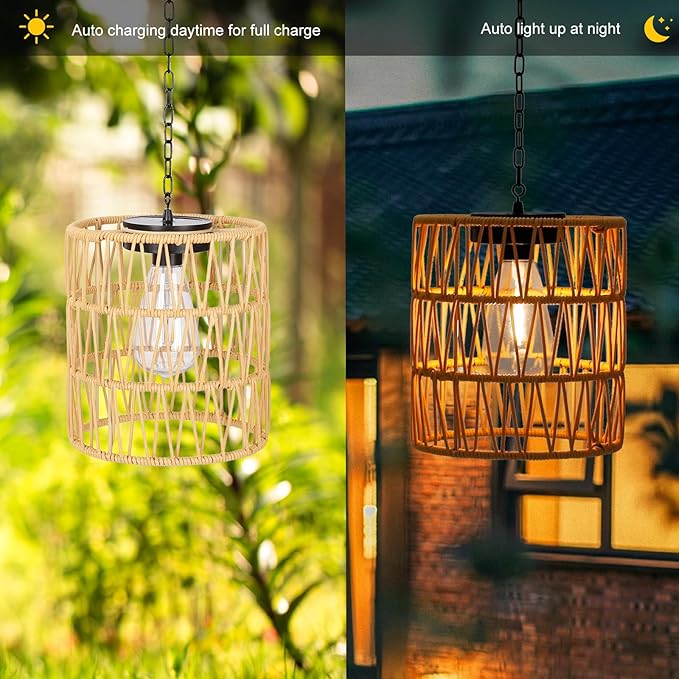Livinlarge Solar Chandelier LanternOutdoor Rattan Pendant LightsWaterproof Boho Hanging Lamps with Edison Bulb for Gazebo Tree Porch Yard Porch Patio Garden Backyard Decor