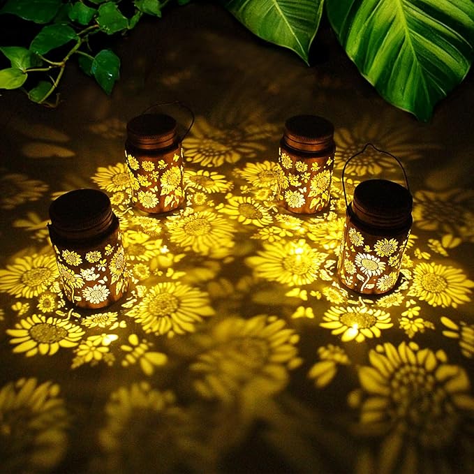 Solar Outdoor Lanterns 4pack Sunflower Garden Decor LED Light Hanging Sunflower Birthday Gifts for Women Mom Grandma (Sunflower 4pack)