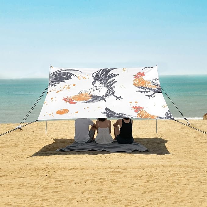 Rooster Eggs White Background Pattern Camping Sun Shelter Beach Tent Portable Beach Sun Shade Outdoor Canopy for Camping Trips Fishing Picnic