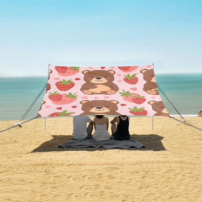 Cartoon Bear and Strawberry Camping Sun Shelter Beach Tent Portable Beach Sun Shade Outdoor Canopy for Camping Trips Fishing Picnic