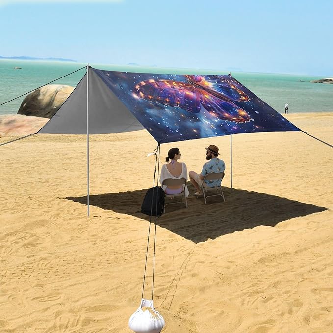 ALAZA Butterfly in Blue Galaxy Beach Tent Sun Shelter UPF50+ Protection Beach Shade Canopy w/ 4 Sandbags for Outdoor Camping Fishing Backyard Fun Picnic 10x9 ft
