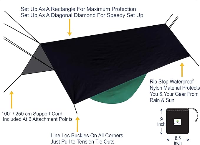 Hammock Bliss Extra Large Rain Fly - Waterproof Tent Tarp Rain Fly and Hammock Shelter to Cover Your Hammock &amp Your Gear – Massive Coverage to Make Hammock Camping A Dry Rain Free Experience