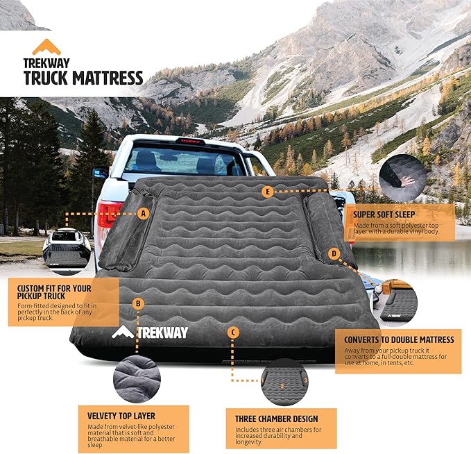 Offroading Gear Inflatable Truck Bed Air Mattress | 6ft to 6.5ft Truck Box | Trekway | Converts to Full Double Size Bed | Durable and Waterproof Compatible with F150 Ram Supercrew etc.