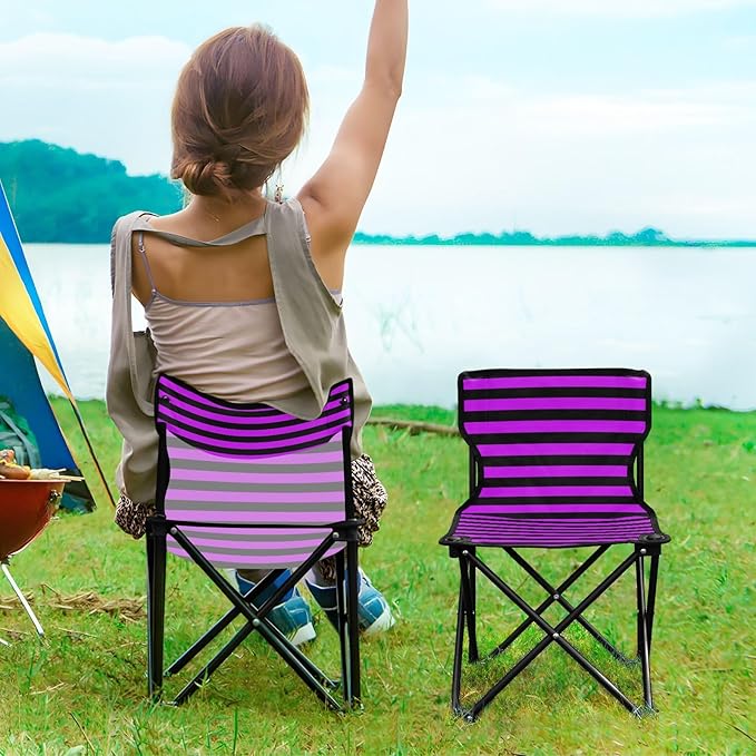 KLL Purple Black Strips Compact Folding Chairs Ultra Lightweight Camp Chair with Carrying Bag Ice Fishing Chair with Back for Hiking Camping